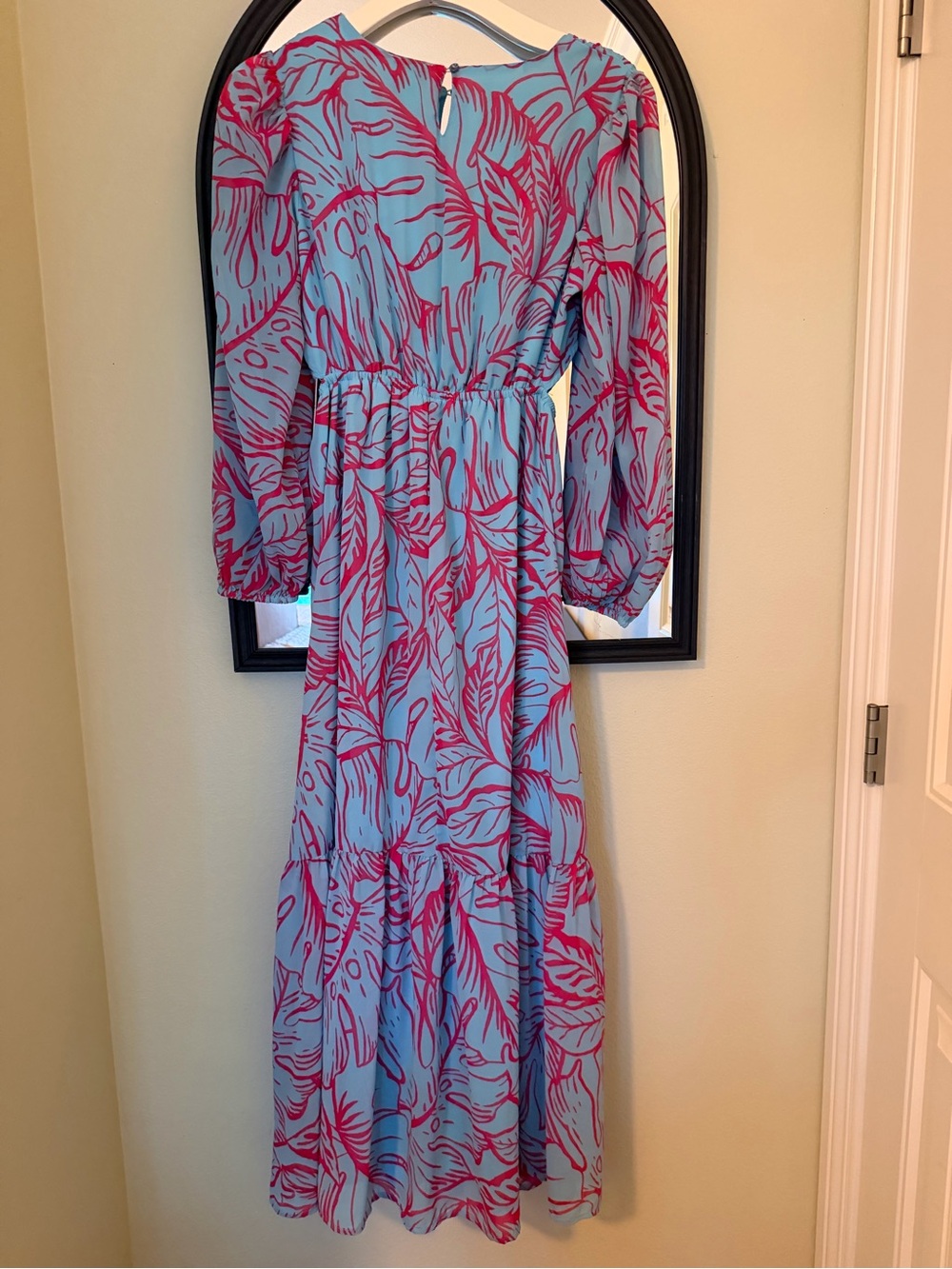 Jessica Simpson Sky Blue Maxi Dress with Pink Botanical Print & Front Tie - Picture 2 of 4